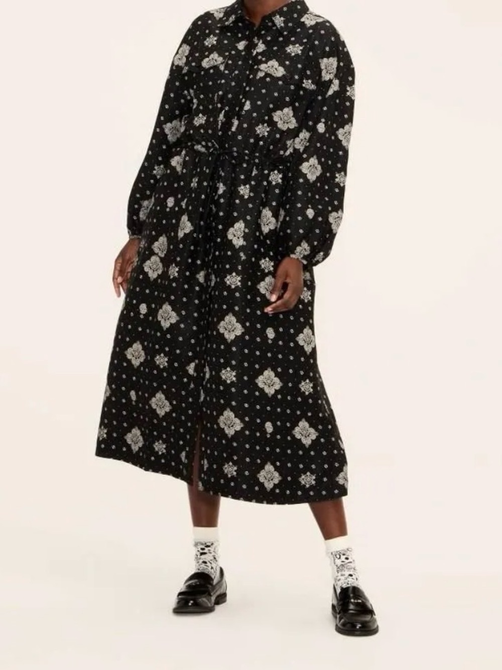 Woolrich Black Midi Shirt Dress with White Floral Motif